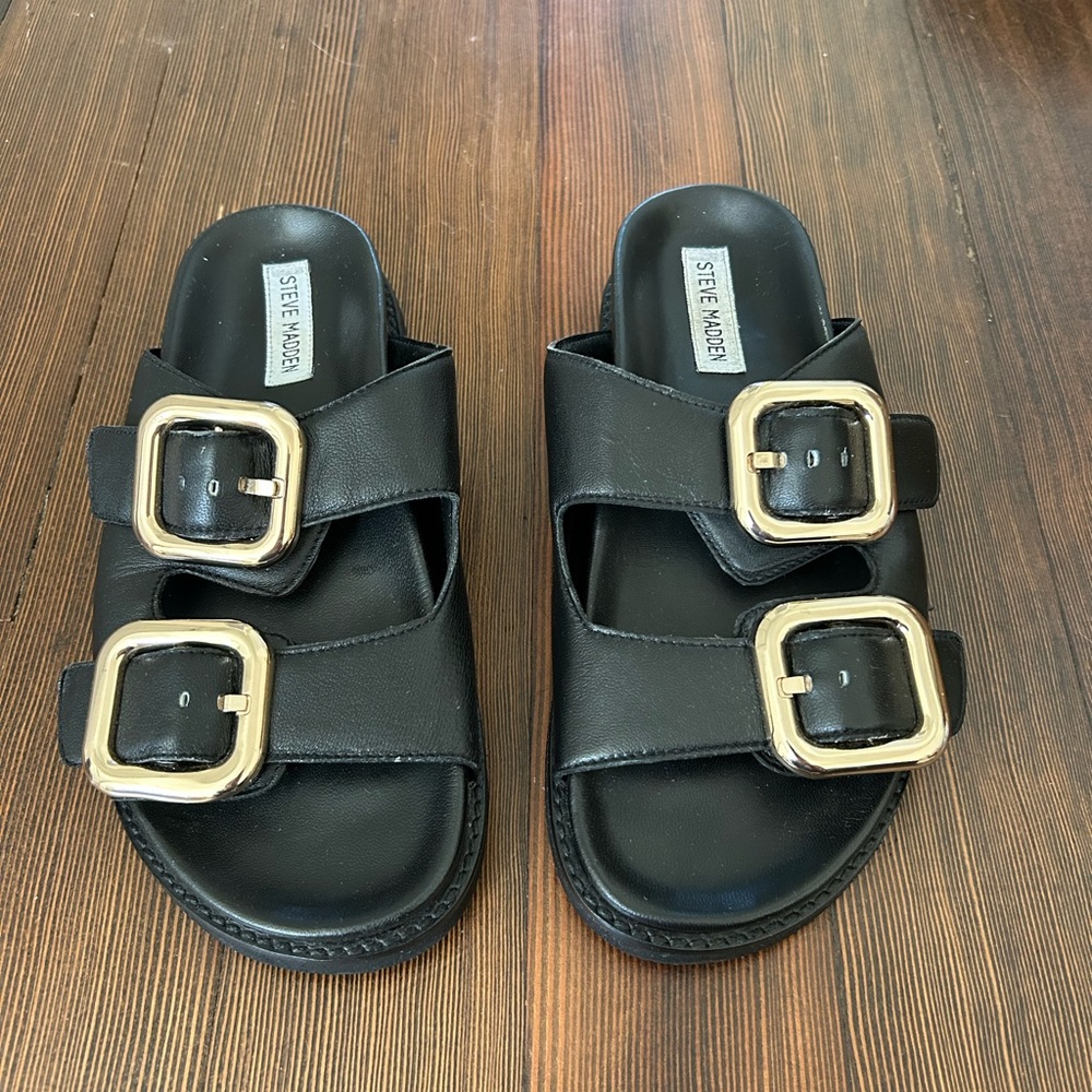 Steve Madden Black Leather Sandals with Gold Buckles